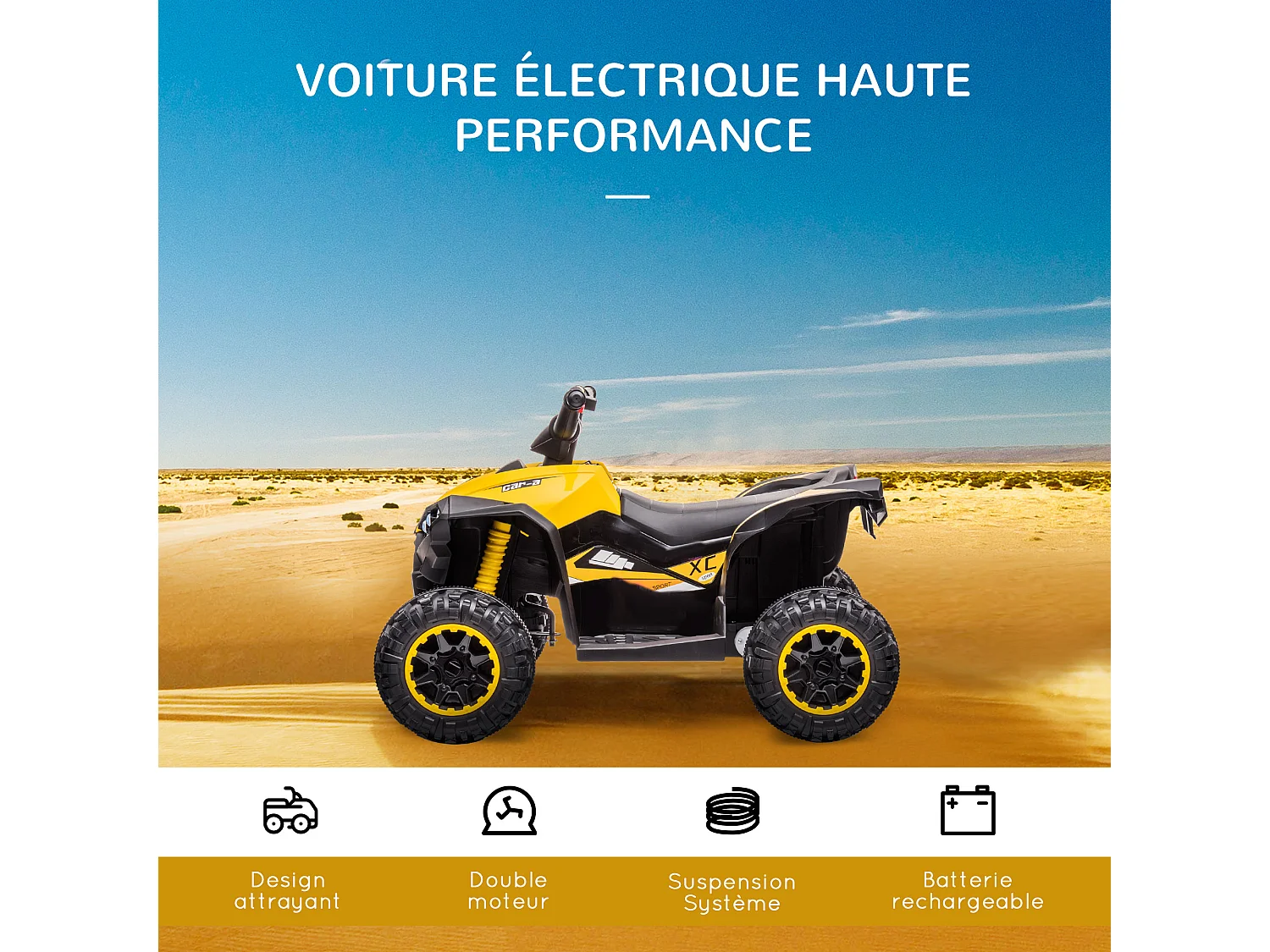 Quad buggy électrique enfant 12 V 3 Km/h max. effets lumineux et sonores jaune noir