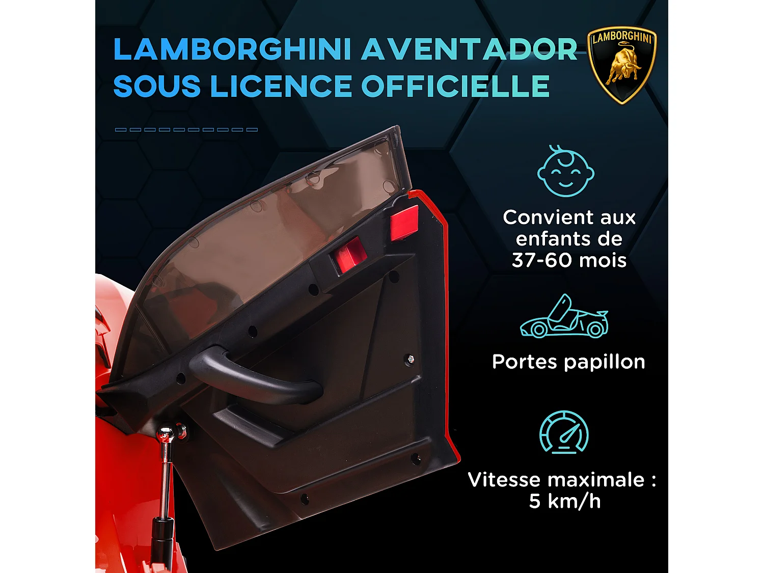 Voiture électrique enfant licence Lamborghini Aventador roadster SVJ télécommande effets sonores lumineux rouge