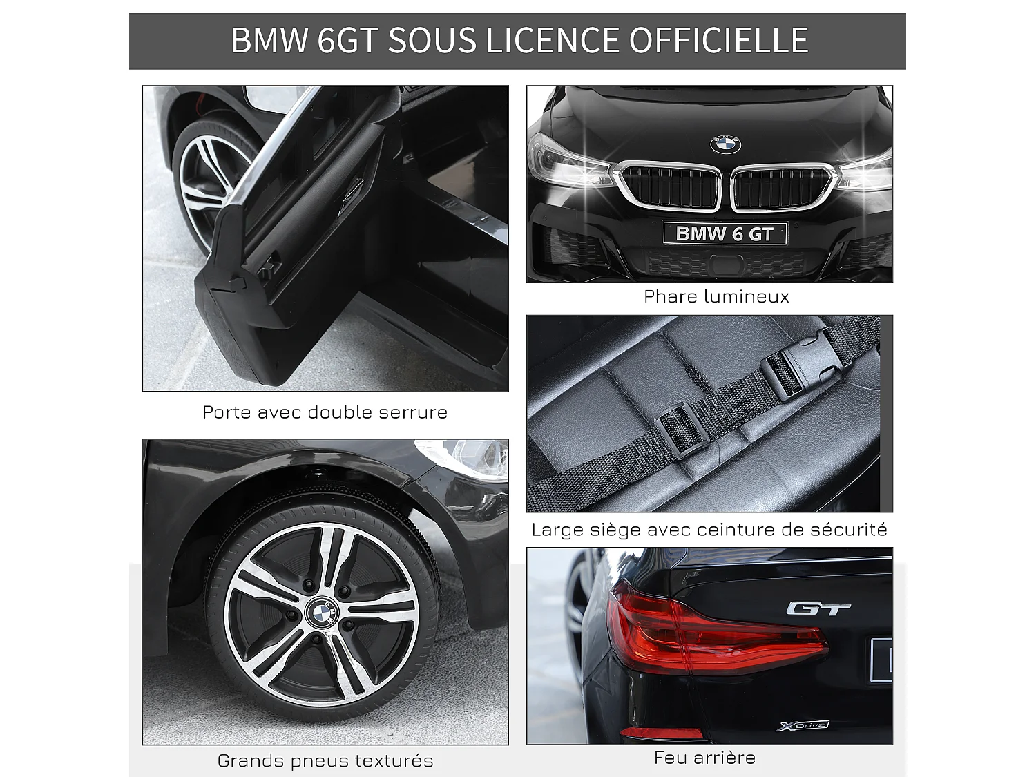 Voiture électrique enfants 6 V 3 Km/h max. effets sonores et lumineux télécommande incluse noir BMW 6 GT