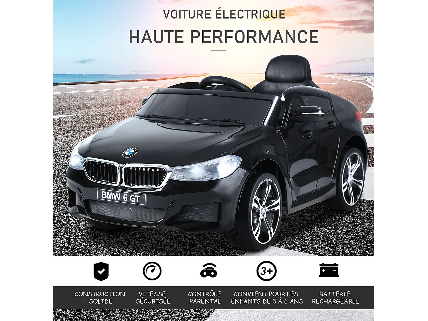 Voiture électrique enfants 6 V 3 Km/h max. effets sonores et lumineux télécommande incluse noir BMW 6 GT