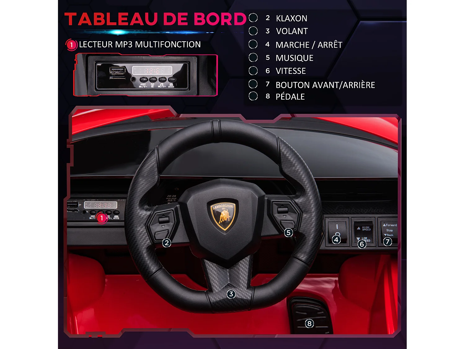 Voiture électrique enfant de sport supercar 12 V - V. max. 5 Km/h effets sonores + lumineux rouge