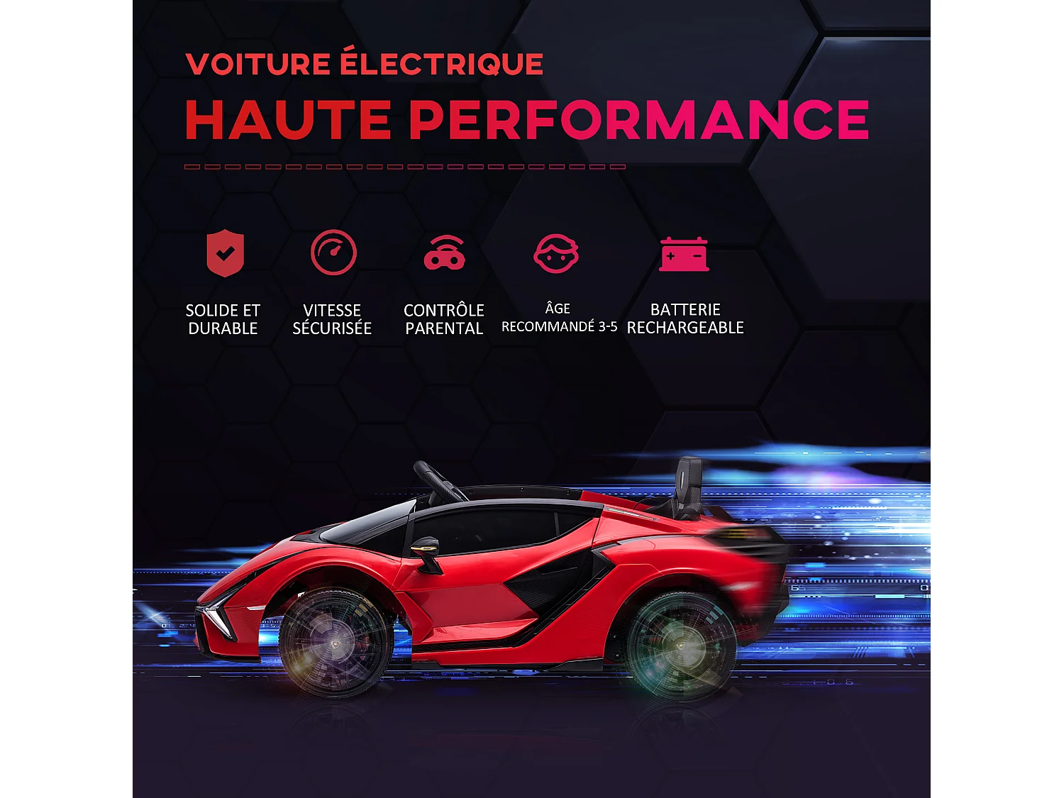 Voiture électrique enfant de sport supercar 12 V - V. max. 5 Km/h effets sonores + lumineux rouge