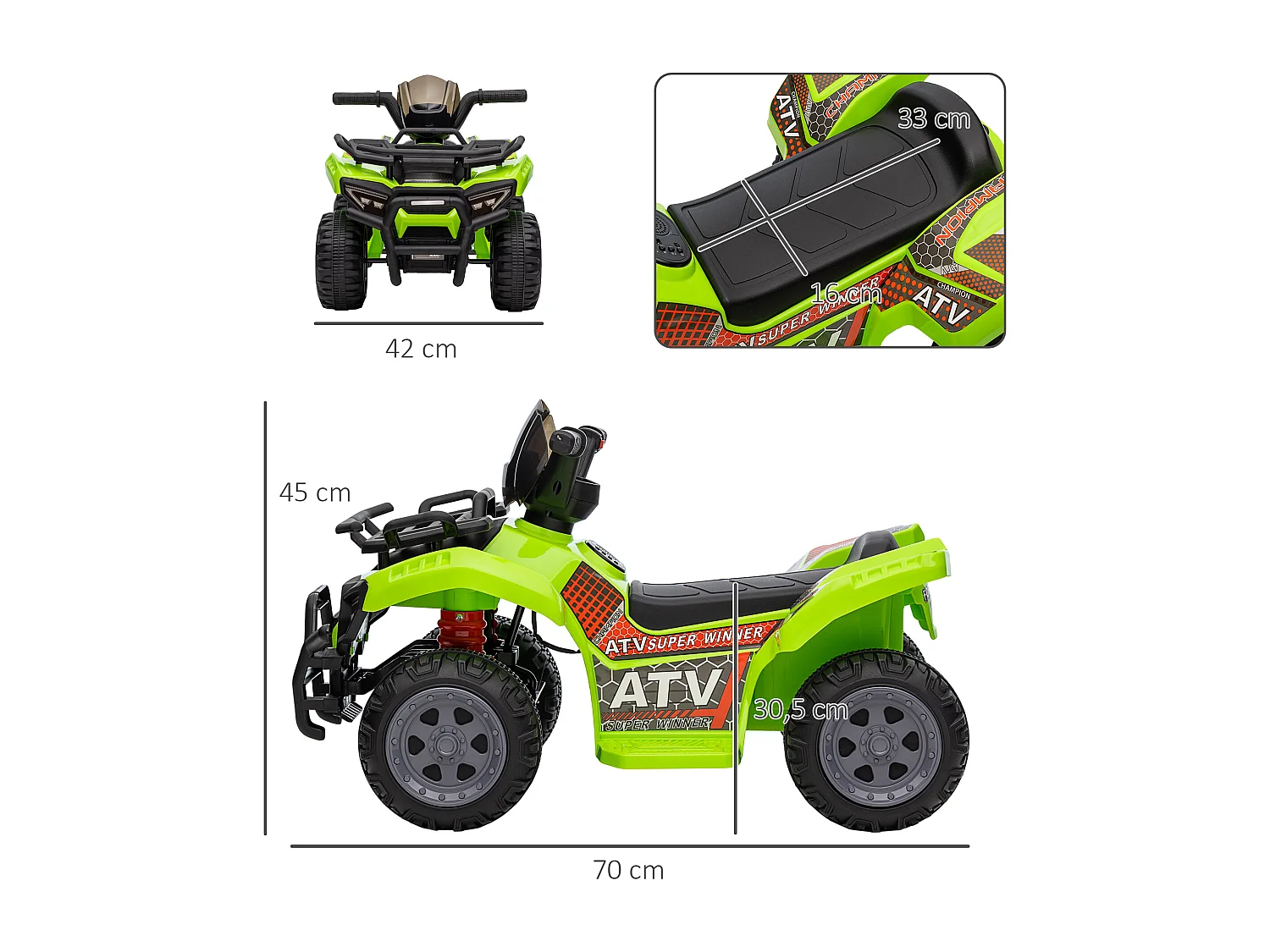 Buggy électrique enfant quad électrique pour enfant de 18 à 36 mois effet lumineux 6 V 2 Km/h max. métal PP vert