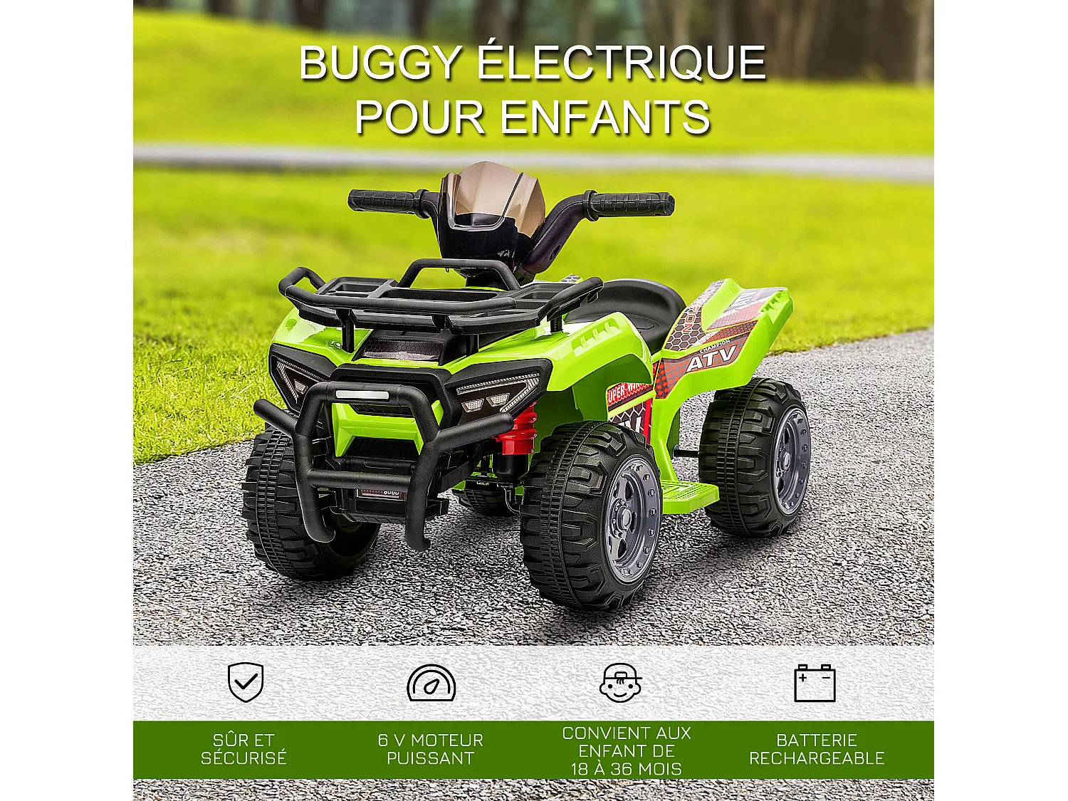 Buggy électrique enfant quad électrique pour enfant de 18 à 36 mois effet lumineux 6 V 2 Km/h max. métal PP vert