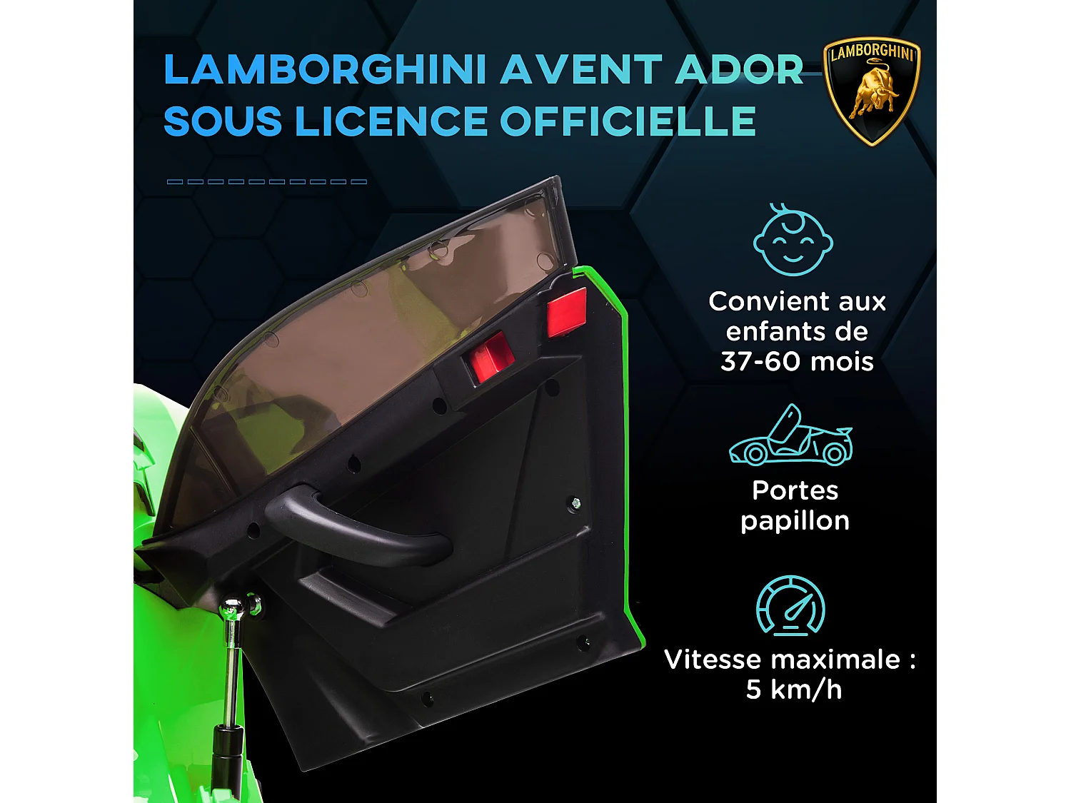 Voiture électrique enfant licence Lamborghini Aventador roadster SVJ télécommande effets sonores lumineux vert