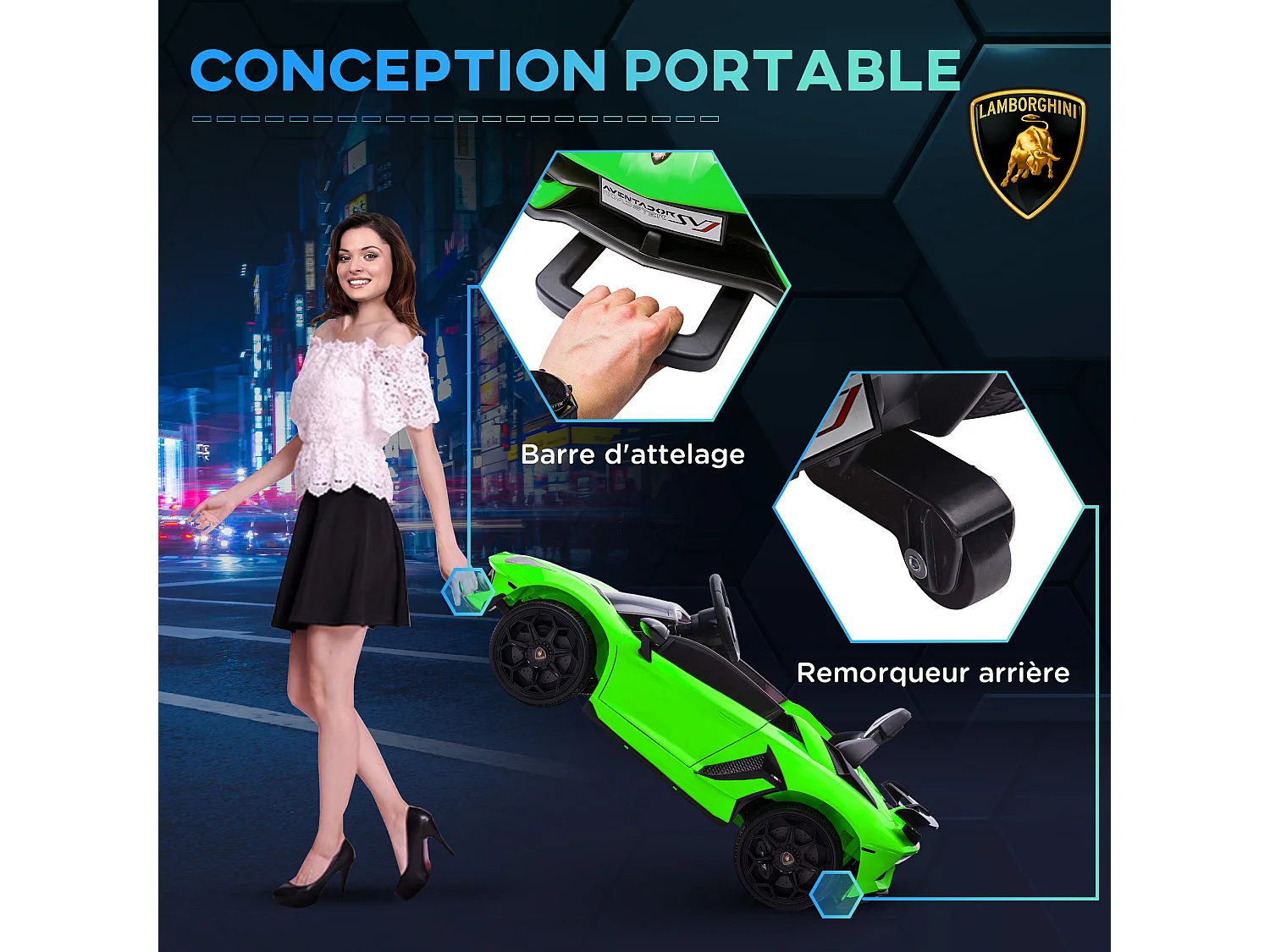 Voiture électrique enfant licence Lamborghini Aventador roadster SVJ télécommande effets sonores lumineux vert