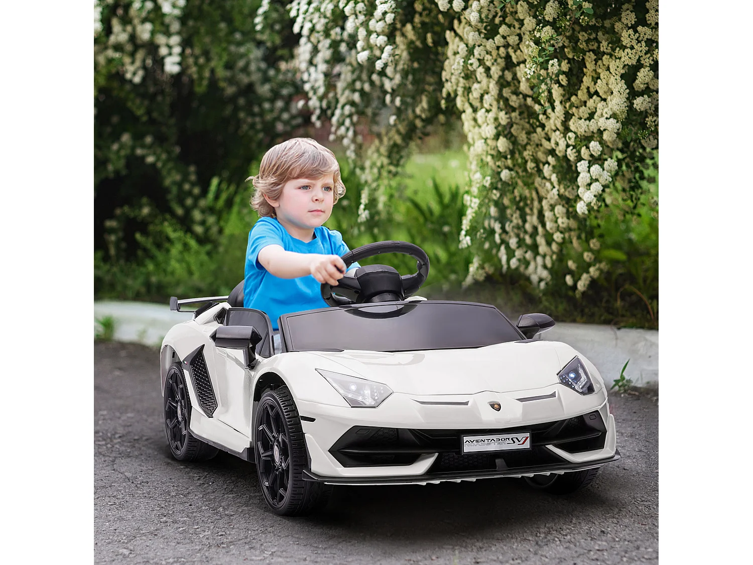 Voiture électrique enfant licence Lamborghini Aventador roadster SVJ télécommande effets sonores lumineux blanc