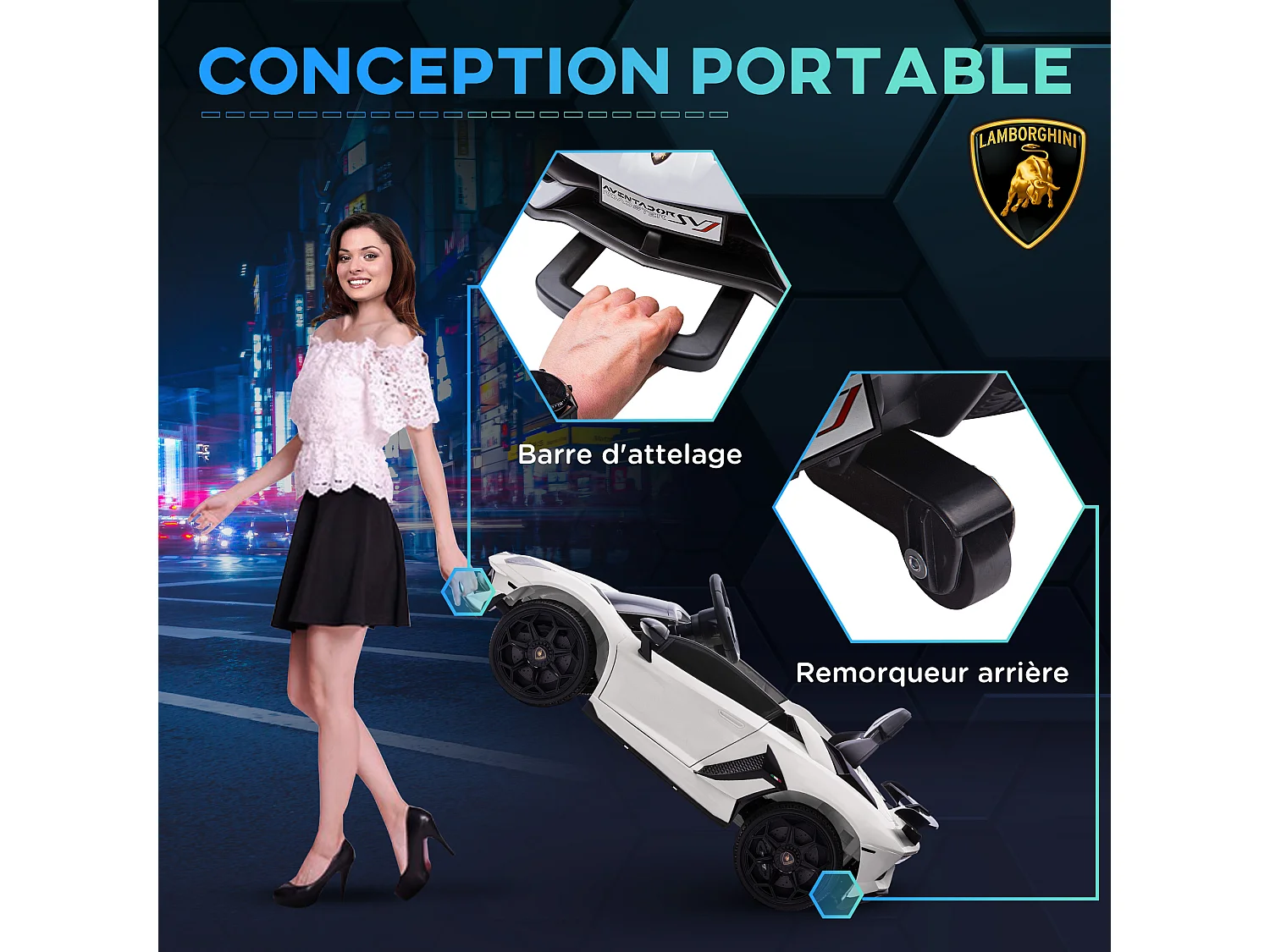 Voiture électrique enfant licence Lamborghini Aventador roadster SVJ télécommande effets sonores lumineux blanc