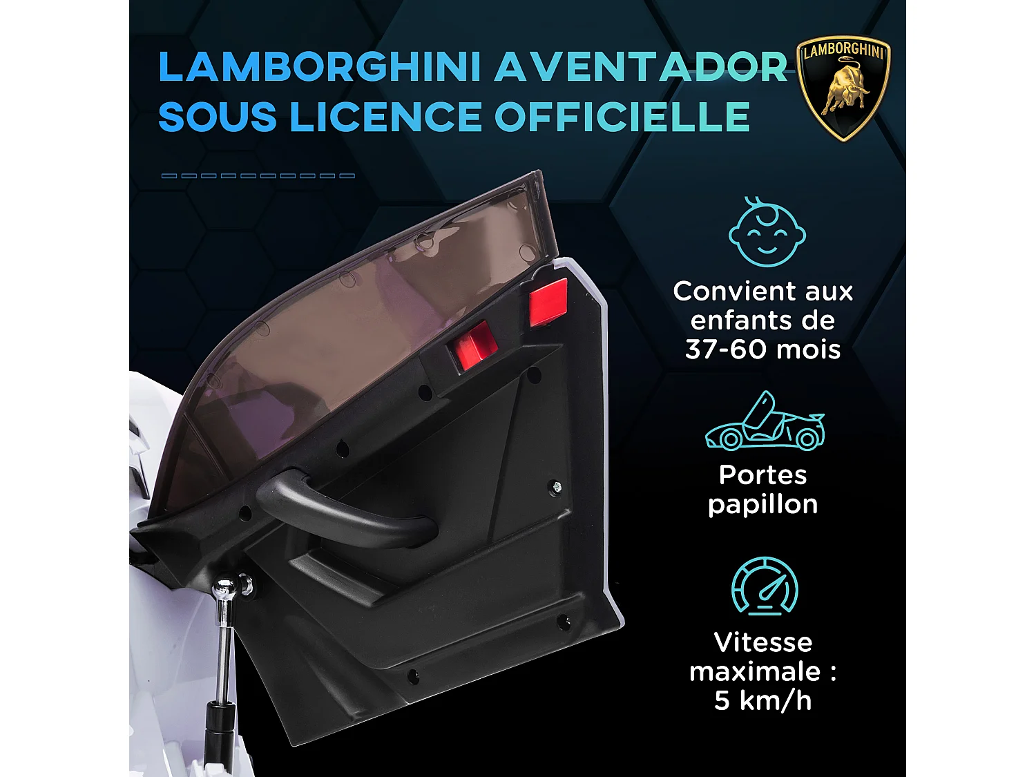 Voiture électrique enfant licence Lamborghini Aventador roadster SVJ télécommande effets sonores lumineux blanc