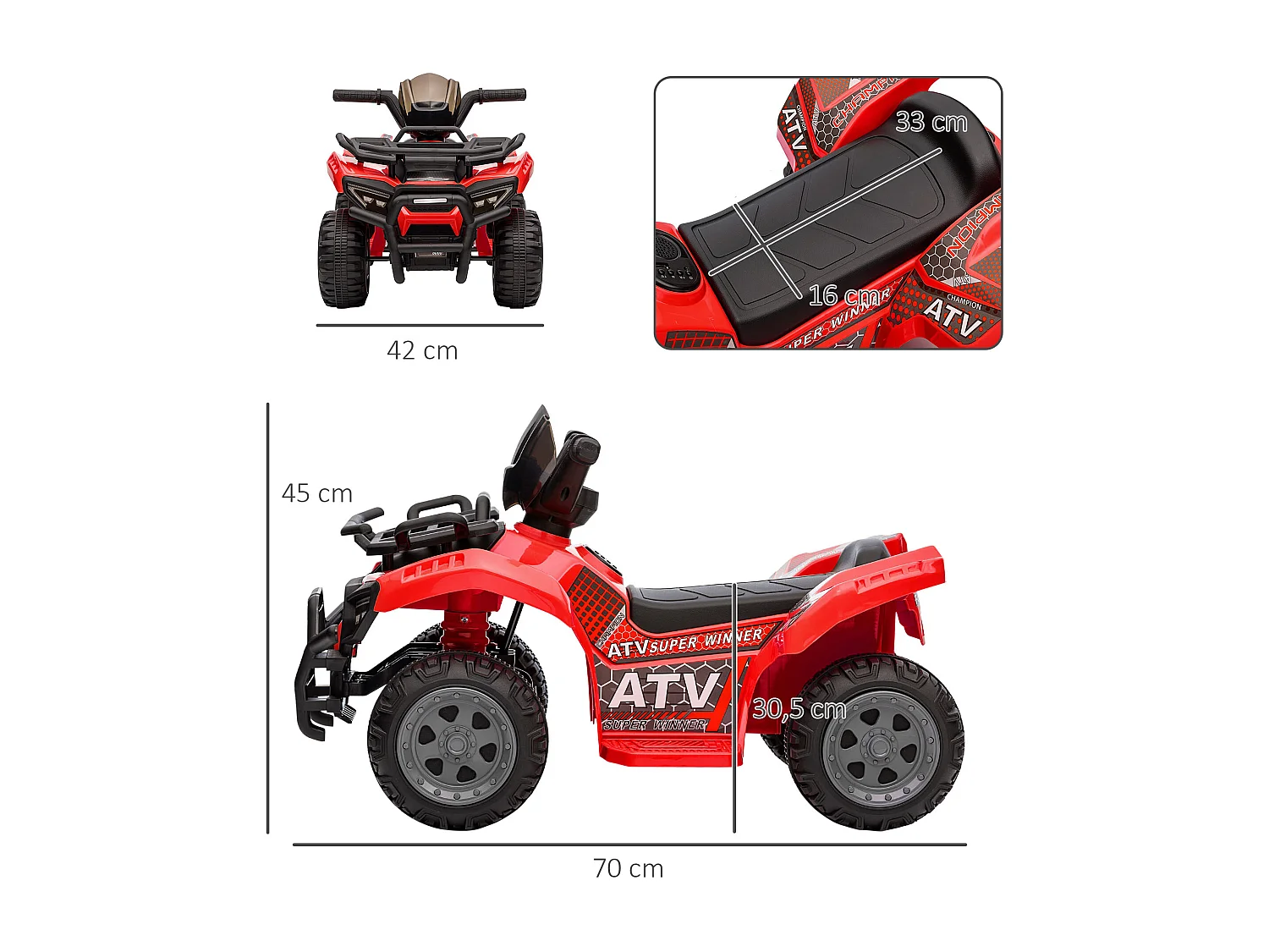 Quad buggy voiture électrique enfant 18-36 mois 6 V 2 Km/h max. effet lumineux métal PP rouge