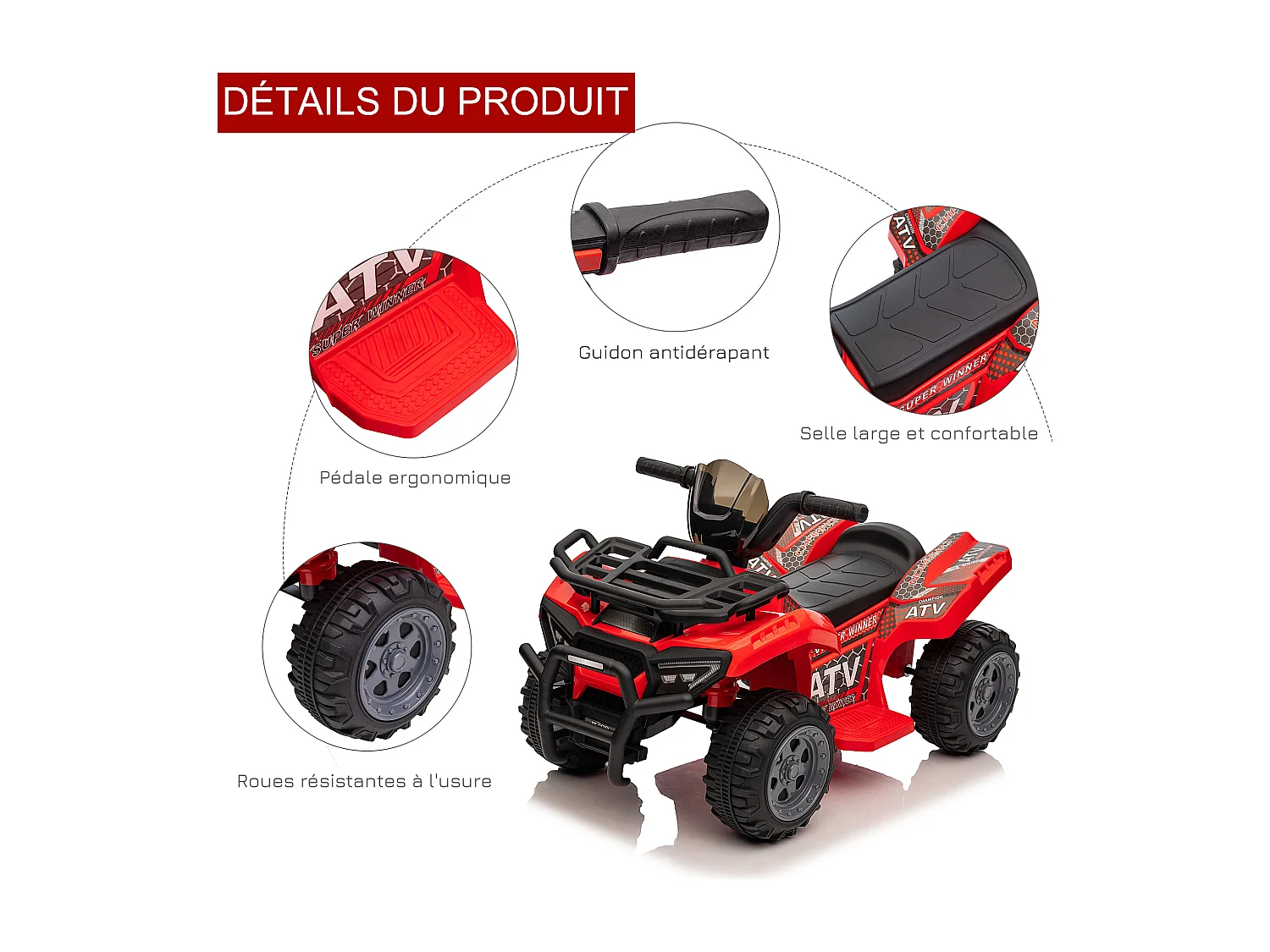 Quad buggy voiture électrique enfant 18-36 mois 6 V 2 Km/h max. effet lumineux métal PP rouge