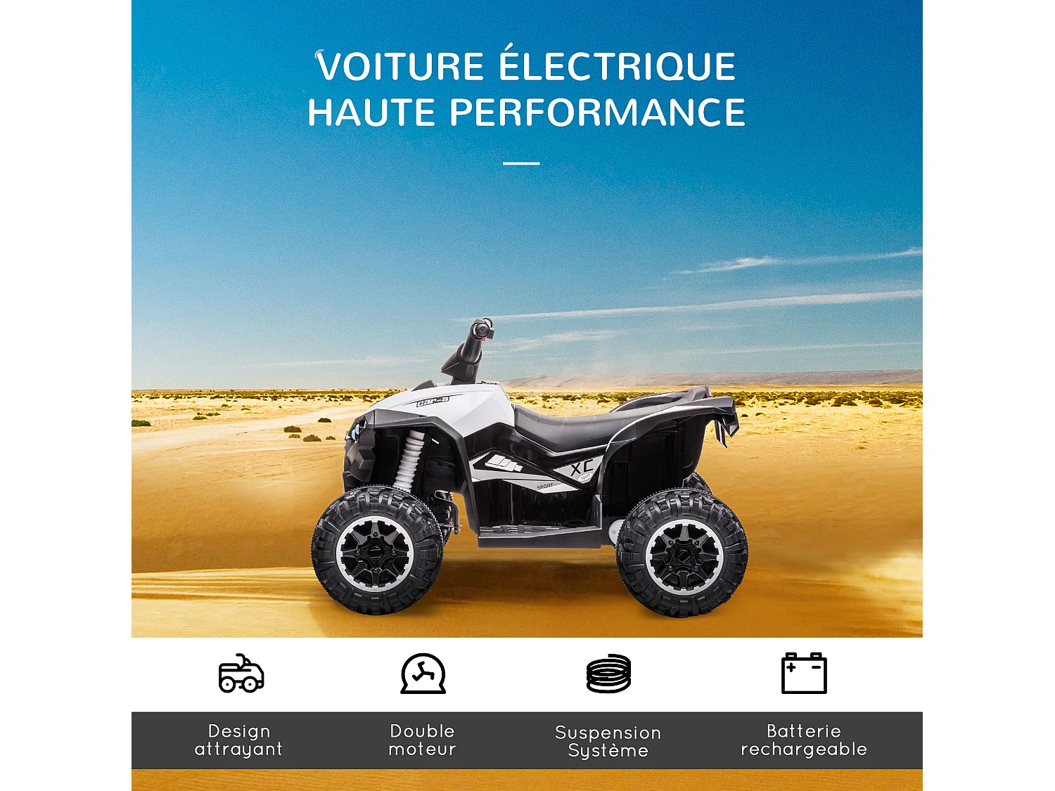 Quad buggy électrique enfant 12 V 3 Km/h max. effets lumineux et sonores blanc noir