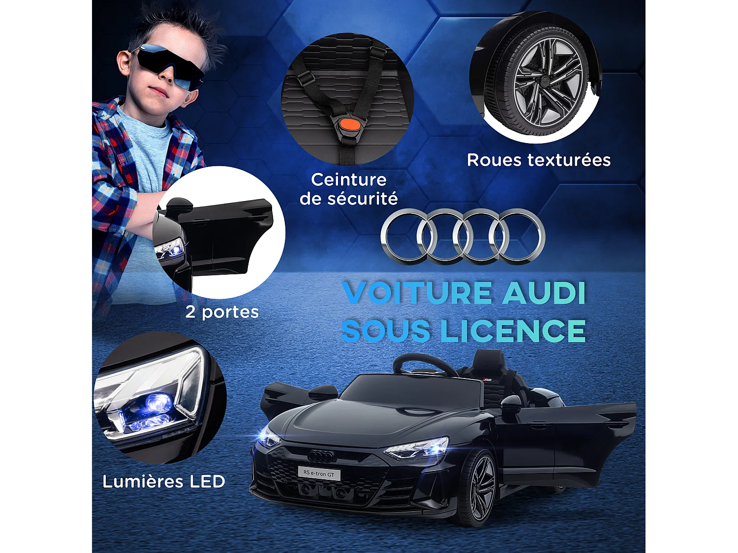Véhicule électrique enfant Audi RS e-tron GT V. max. 5 Km/h télécommande effets sonores + lumineux noir