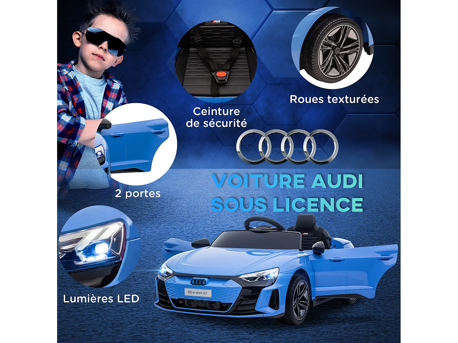 Véhicule électrique enfant Audi RS e-tron GT V. max. 5 Km/h télécommande effets sonores + lumineux bleu