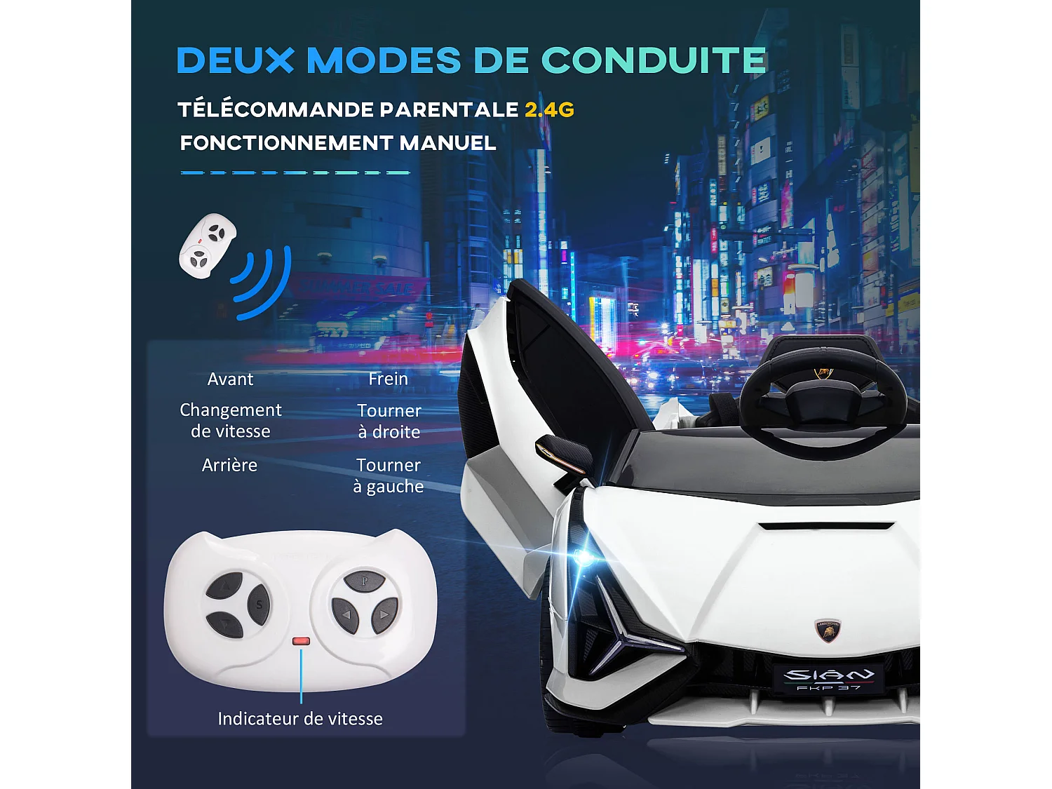 Voiture électrique enfant de sport supercar 12 V - V. max. 5 Km/h effets sonores + lumineux blanc