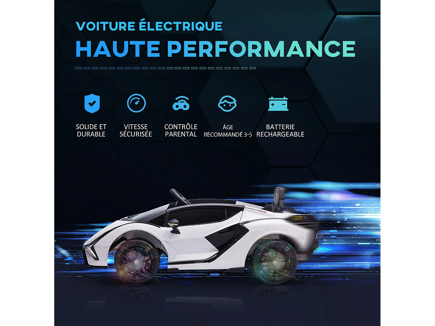 Voiture électrique enfant de sport supercar 12 V - V. max. 5 Km/h effets sonores + lumineux blanc