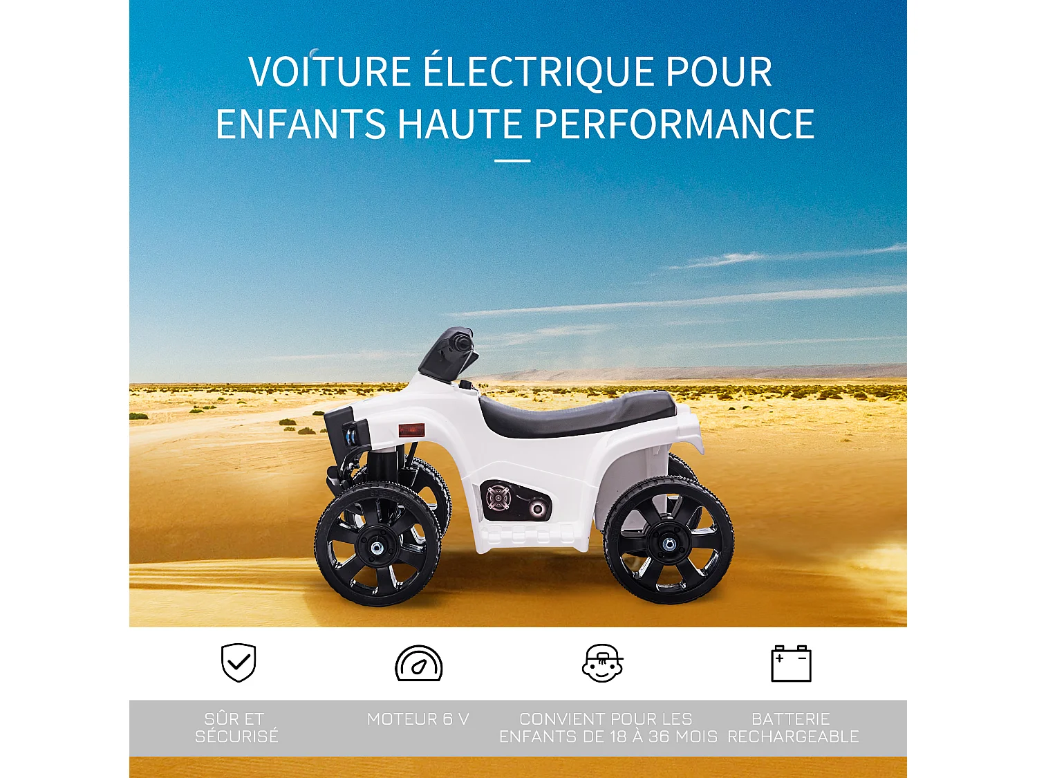Voiture 4x4 quad buggy électrique enfant 18-36 mois 6 V 3 Km/h max. effet lumineux sonores métal PP blanc noir