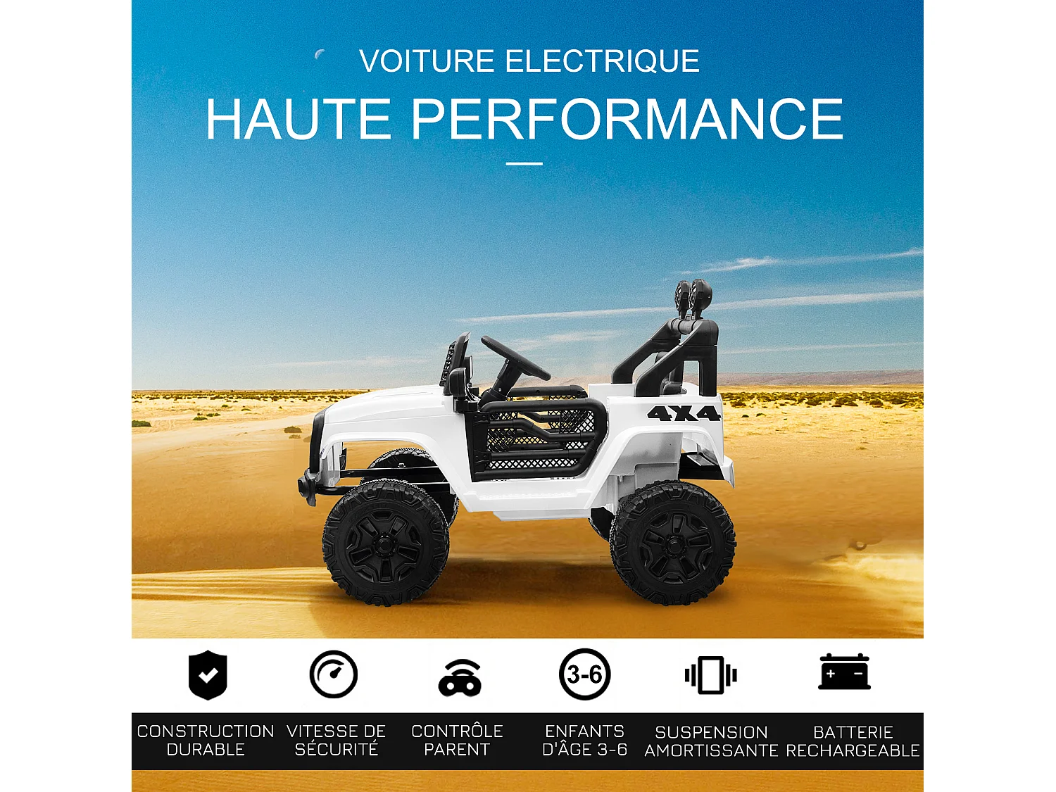 Voiture 4x4 électrique enfant moteur 2 x 35 W 5 Km/h max. télécommande incluse effets lumineux sonore lecteur MP3 USB blanc