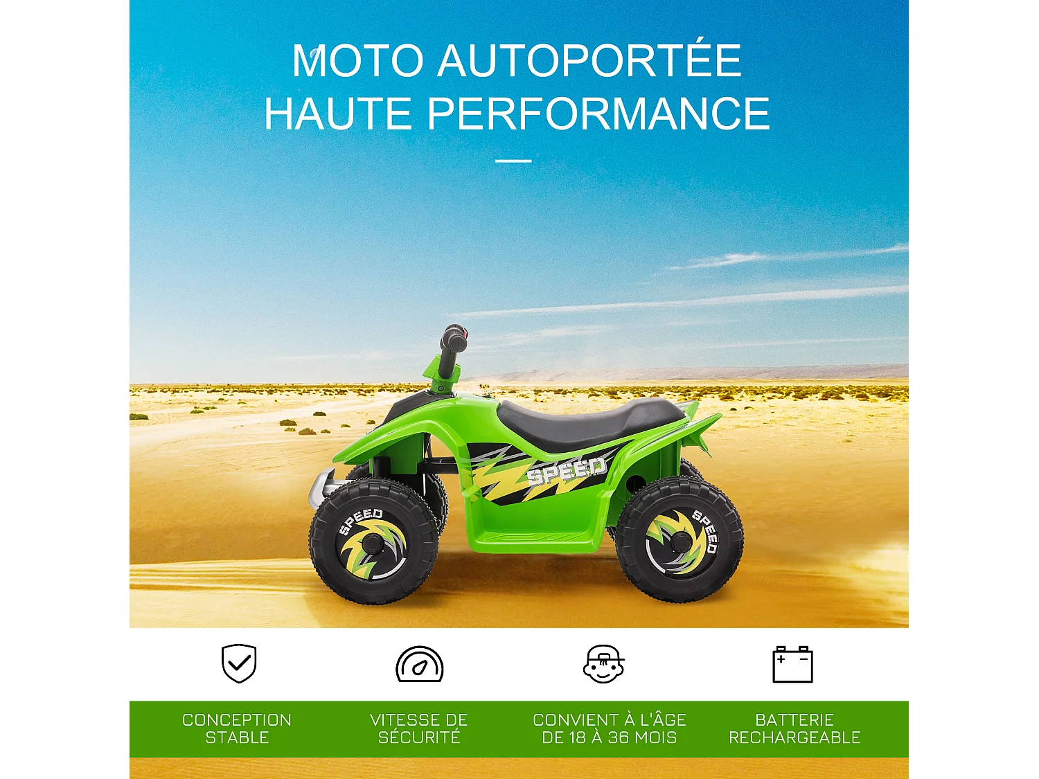 Quad électrique enfant - voiture électrique enfant - marche AV, AR - 6 V, V. max. 4,6 Km/h - vert