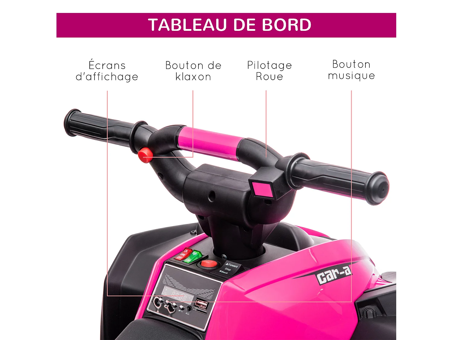 Quad buggy électrique enfant 12 V 3 Km/h max. effets lumineux et sonores rose noir