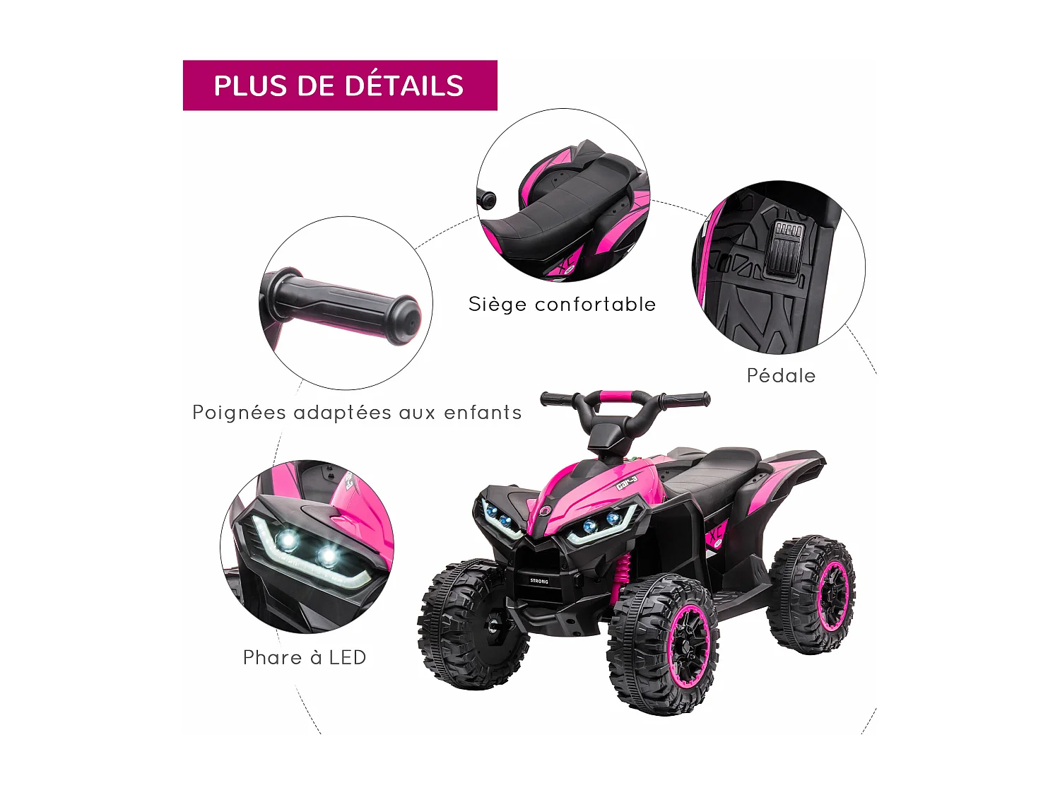 Quad buggy électrique enfant 12 V 3 Km/h max. effets lumineux et sonores rose noir