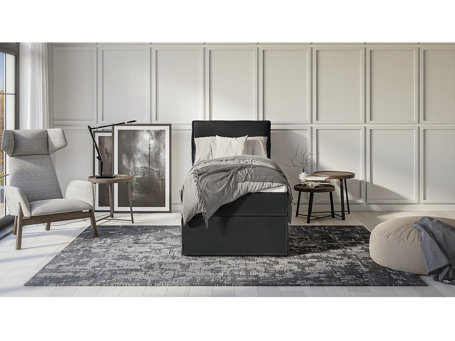 Dexter - Modernes Boxspringbett 90x200 mit Topper und Bettkästen aus Graphit Luxusmicrofaser