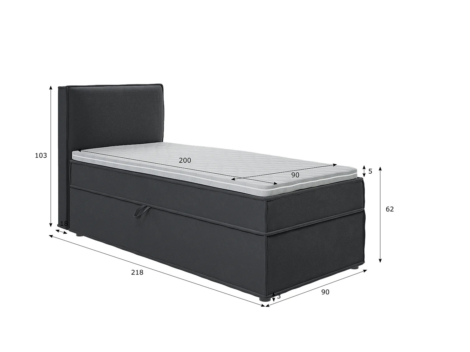 Dexter - Modernes Boxspringbett 90x200 mit Topper und Bettkästen aus Graphit Luxusmicrofaser