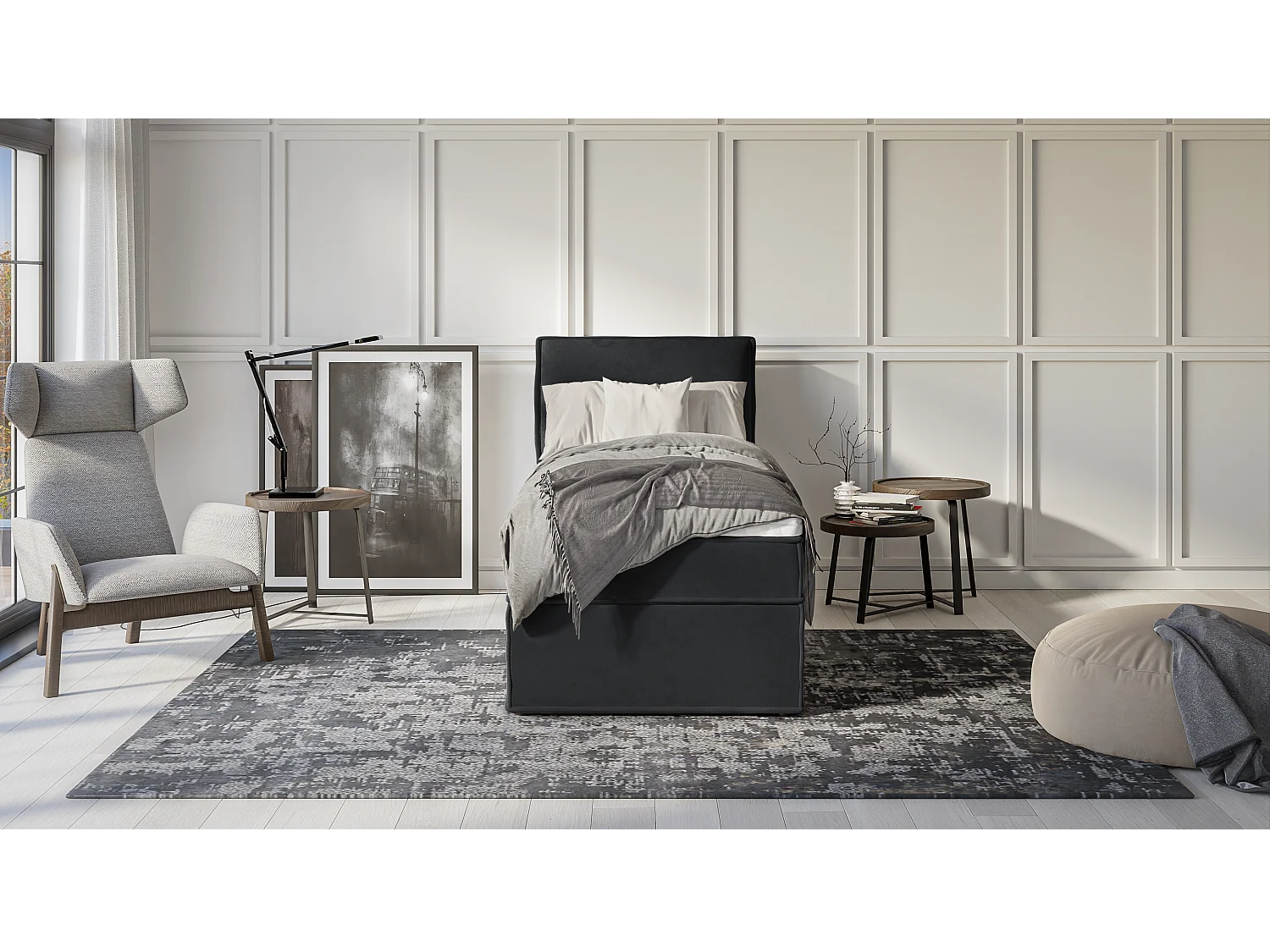 Dexter - Modernes Boxspringbett 90x200 mit Topper und Bettkästen aus Graphit Luxusmicrofaser