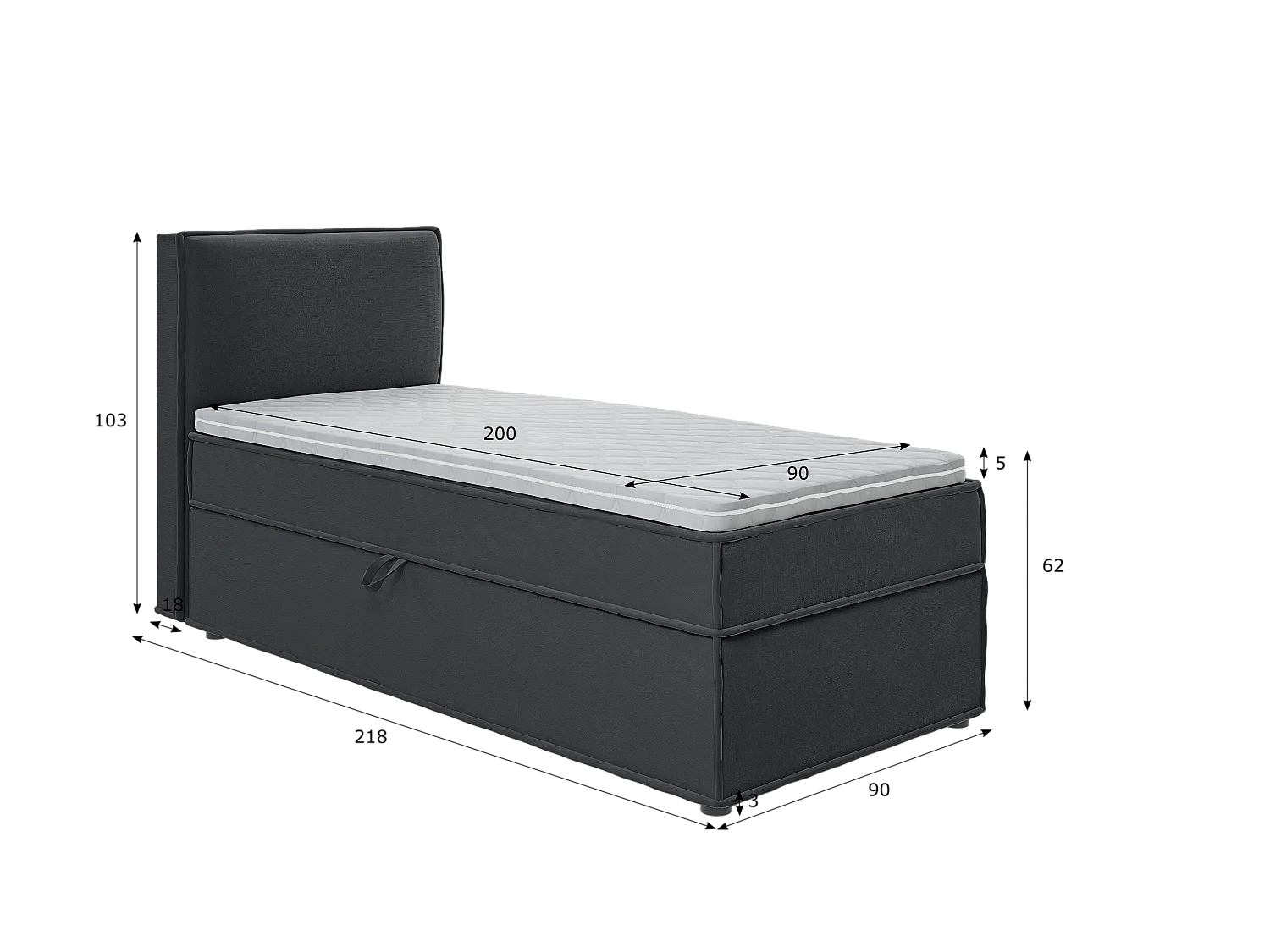 Dexter - Modernes Boxspringbett 90x200 mit Topper und Bettkästen aus Graphit Luxusmicrofaser