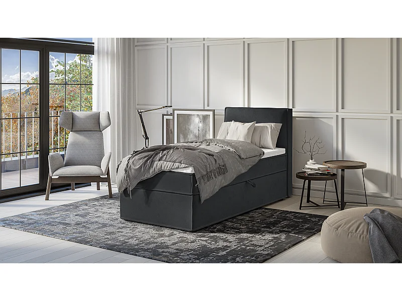 Dexter - Modernes Boxspringbett 90x200 mit Topper und Bettkästen aus Graphit Luxusmicrofaser