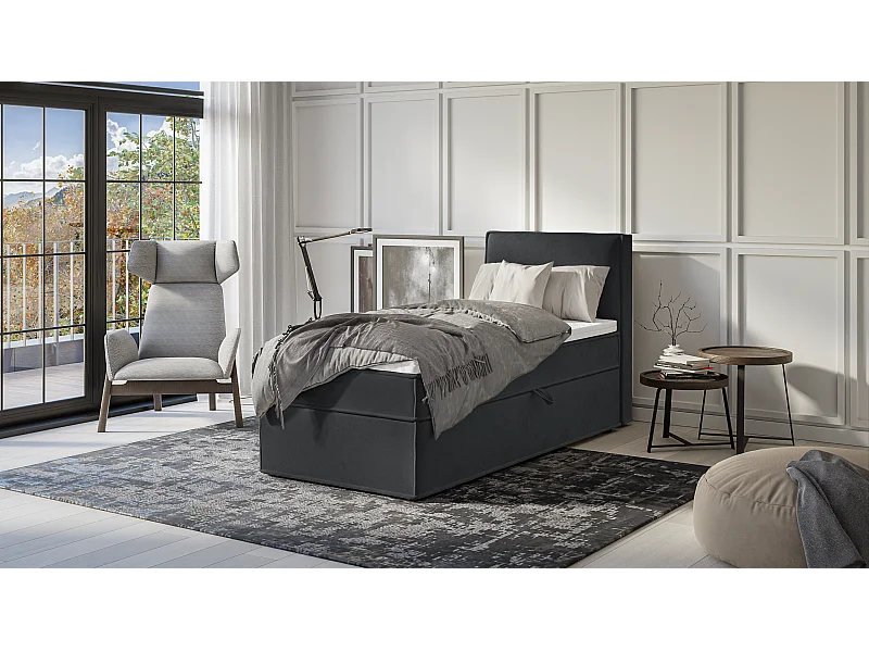 Dexter - Modernes Boxspringbett 90x200 mit Topper und Bettkästen aus Graphit Luxusmicrofaser