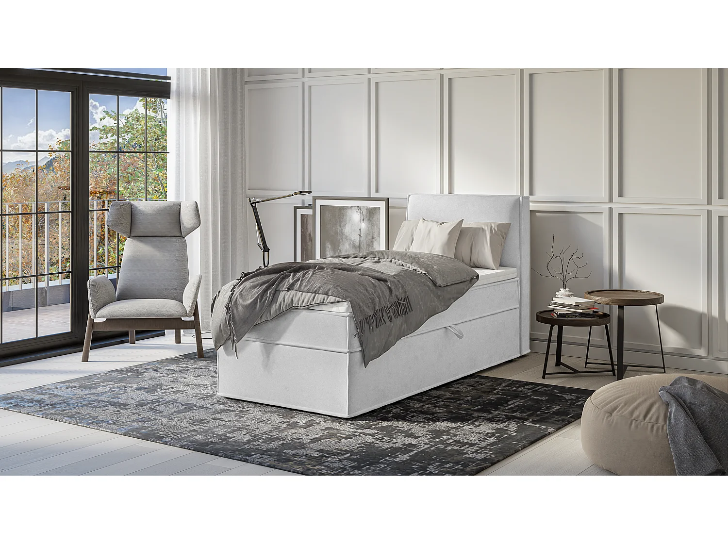 Dexter - Modernes Boxspringbett 90x200 mit Topper und Bettkästen aus Silber Luxusmicrofaser