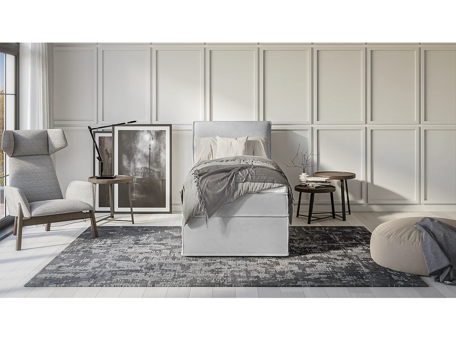 Dexter - Modernes Boxspringbett 90x200 mit Topper und Bettkästen aus Silber Luxusmicrofaser