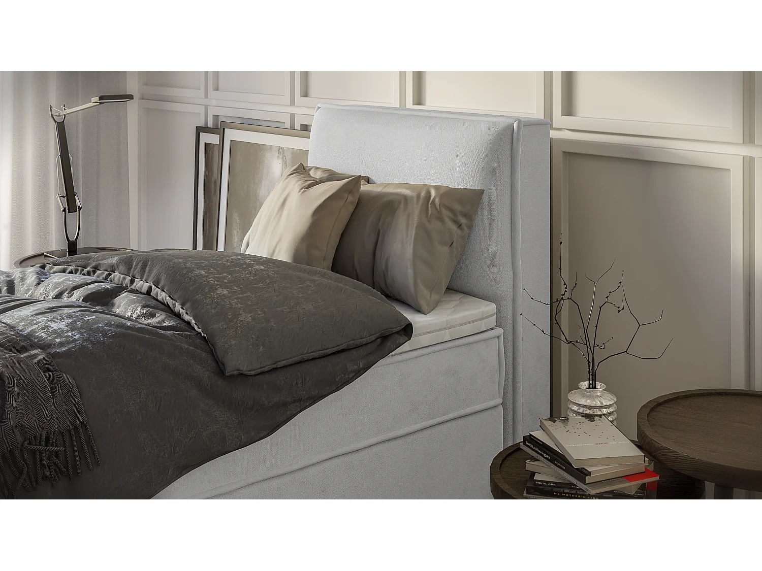 Dexter - Modernes Boxspringbett 90x200 mit Topper und Bettkästen aus Silber Luxusmicrofaser