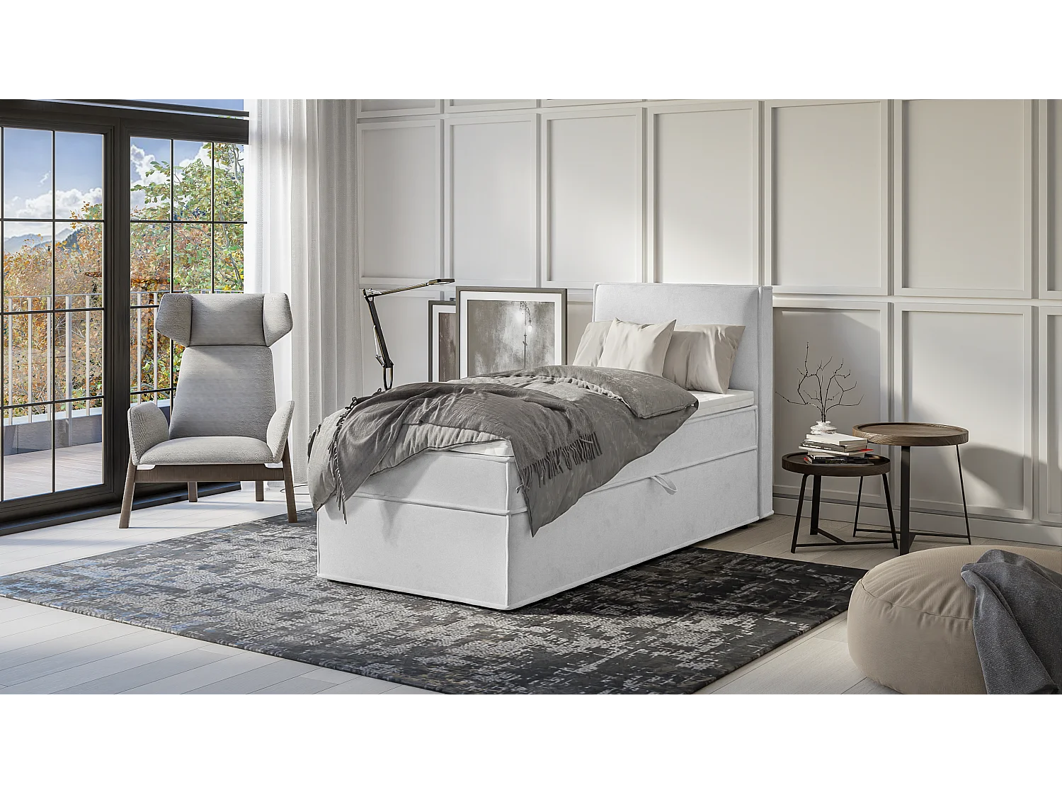 Dexter - Modernes Boxspringbett 90x200 mit Topper und Bettkästen aus Silber Luxusmicrofaser