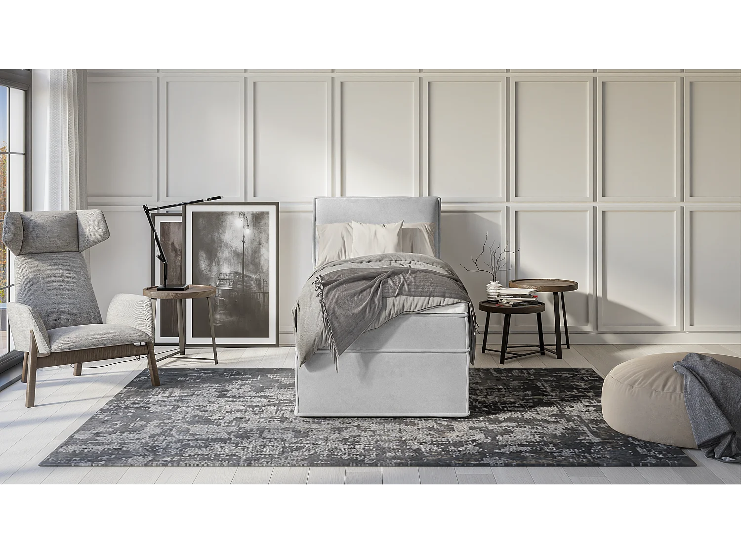 Dexter - Modernes Boxspringbett 90x200 mit Topper und Bettkästen aus Silber Luxusmicrofaser