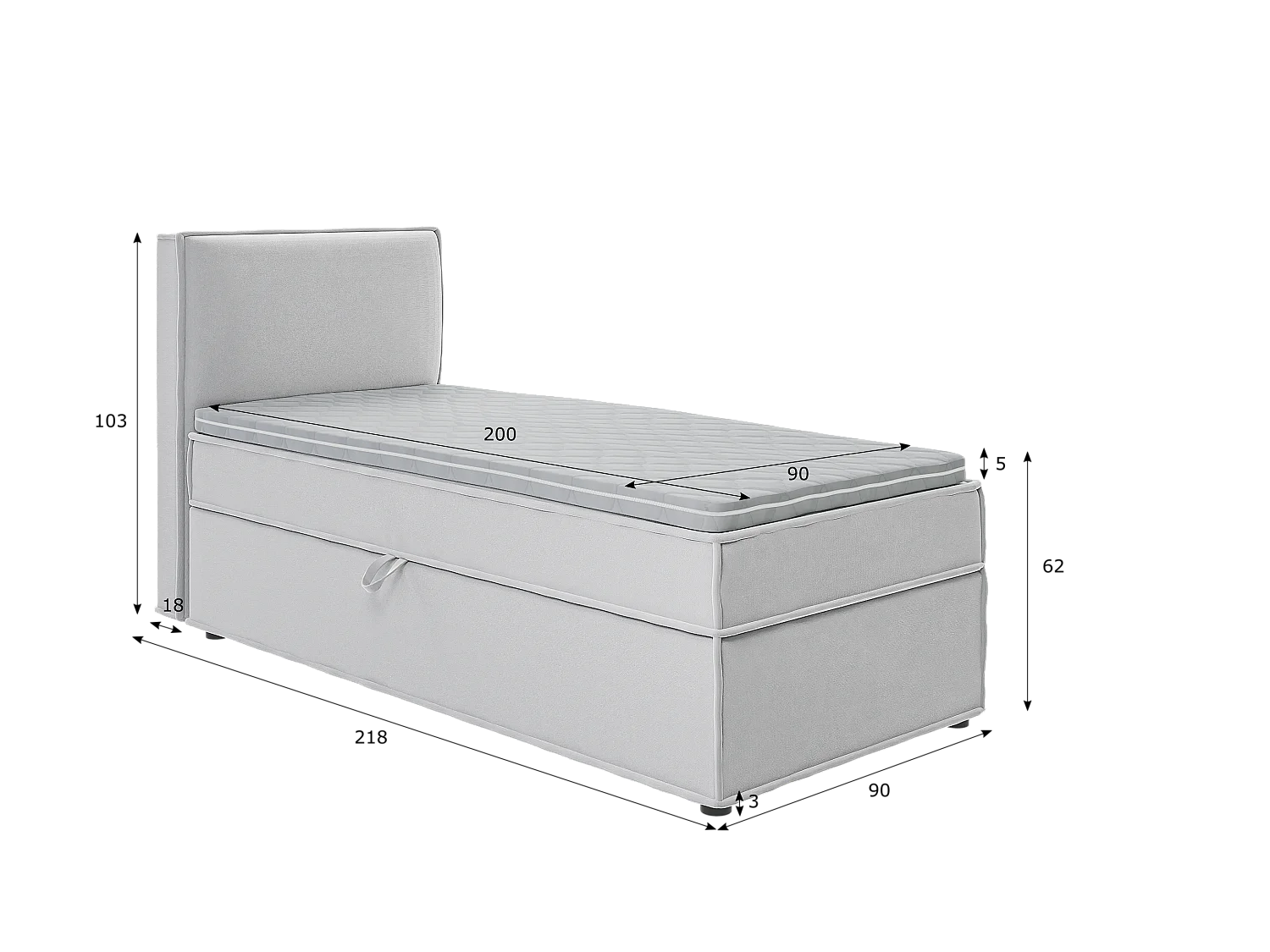 Dexter - Modernes Boxspringbett 90x200 mit Topper und Bettkästen aus Silber Luxusmicrofaser
