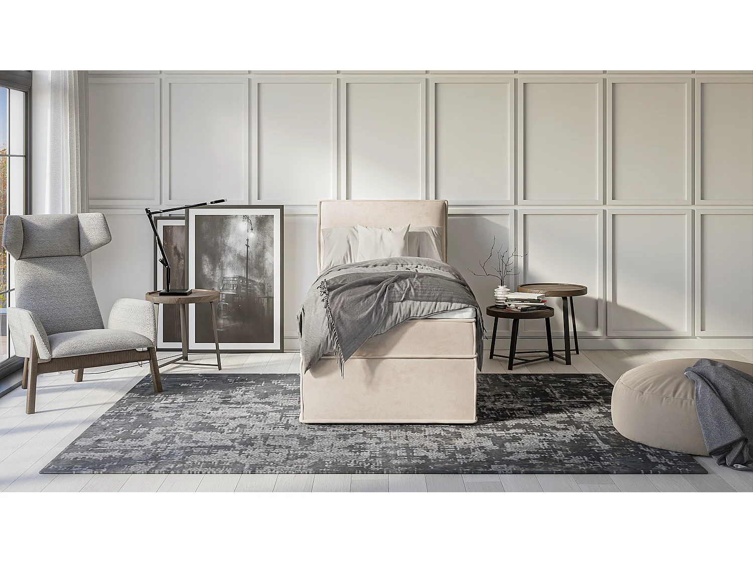 Dexter - Modernes Boxspringbett 90x200 mit Topper und Bettkästen aus Beige Luxusmicrofaser