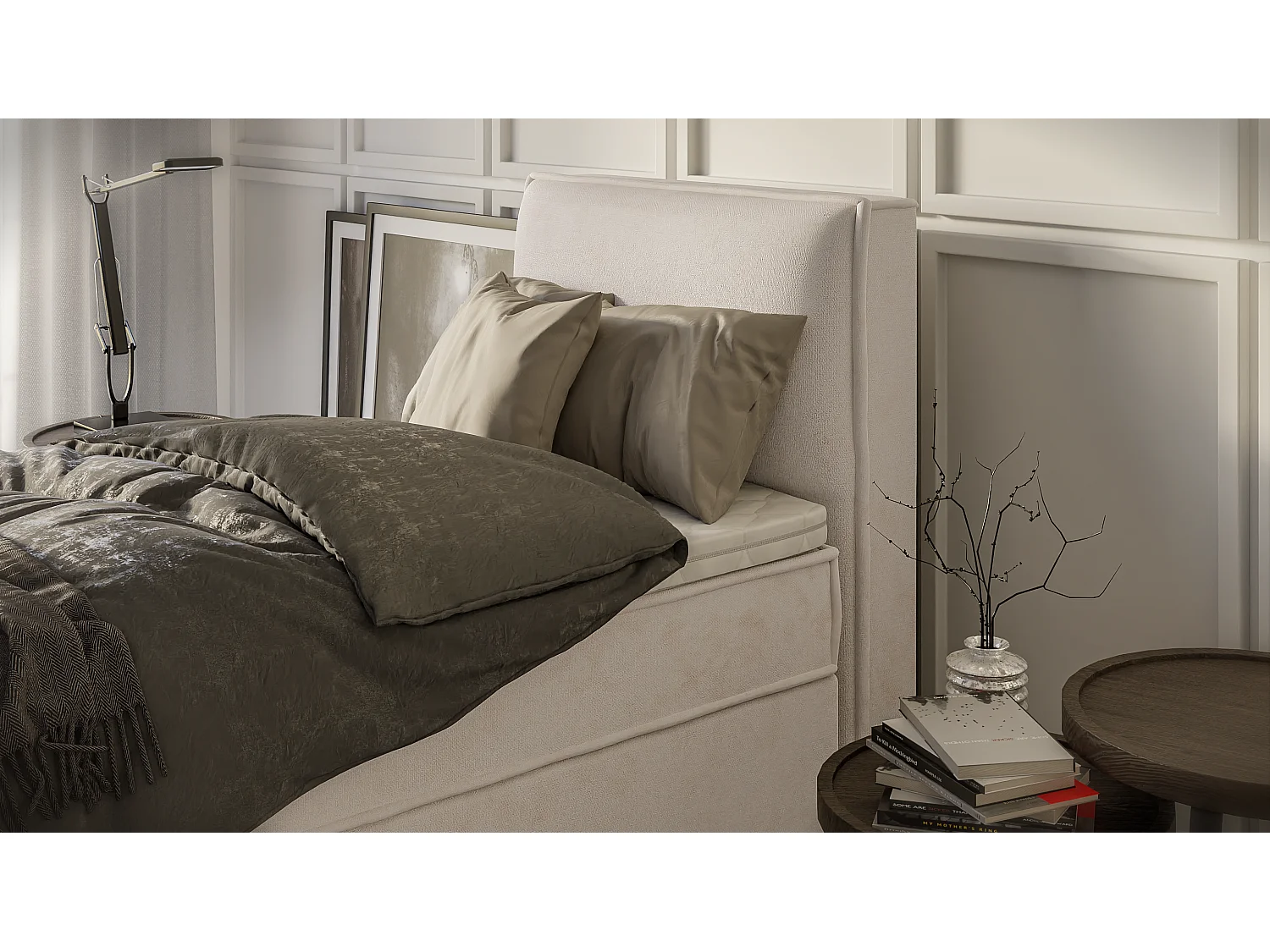 Dexter - Modernes Boxspringbett 90x200 mit Topper und Bettkästen aus Beige Luxusmicrofaser