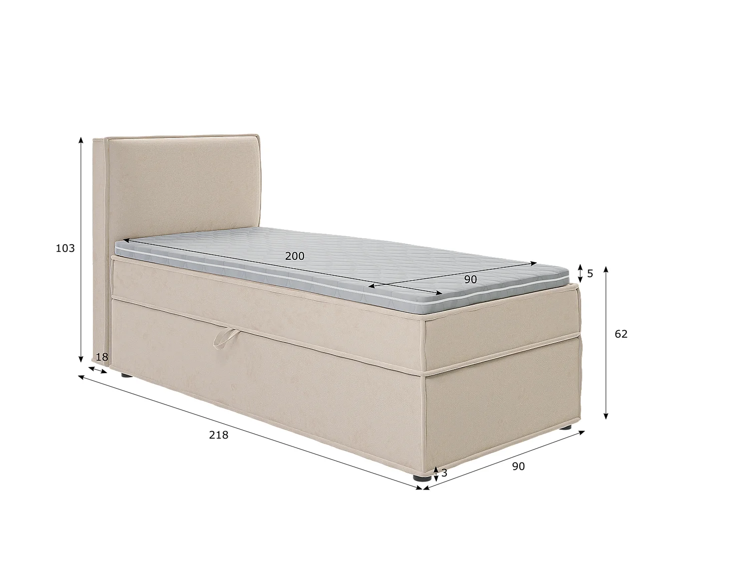 Dexter - Modernes Boxspringbett 90x200 mit Topper und Bettkästen aus Beige Luxusmicrofaser
