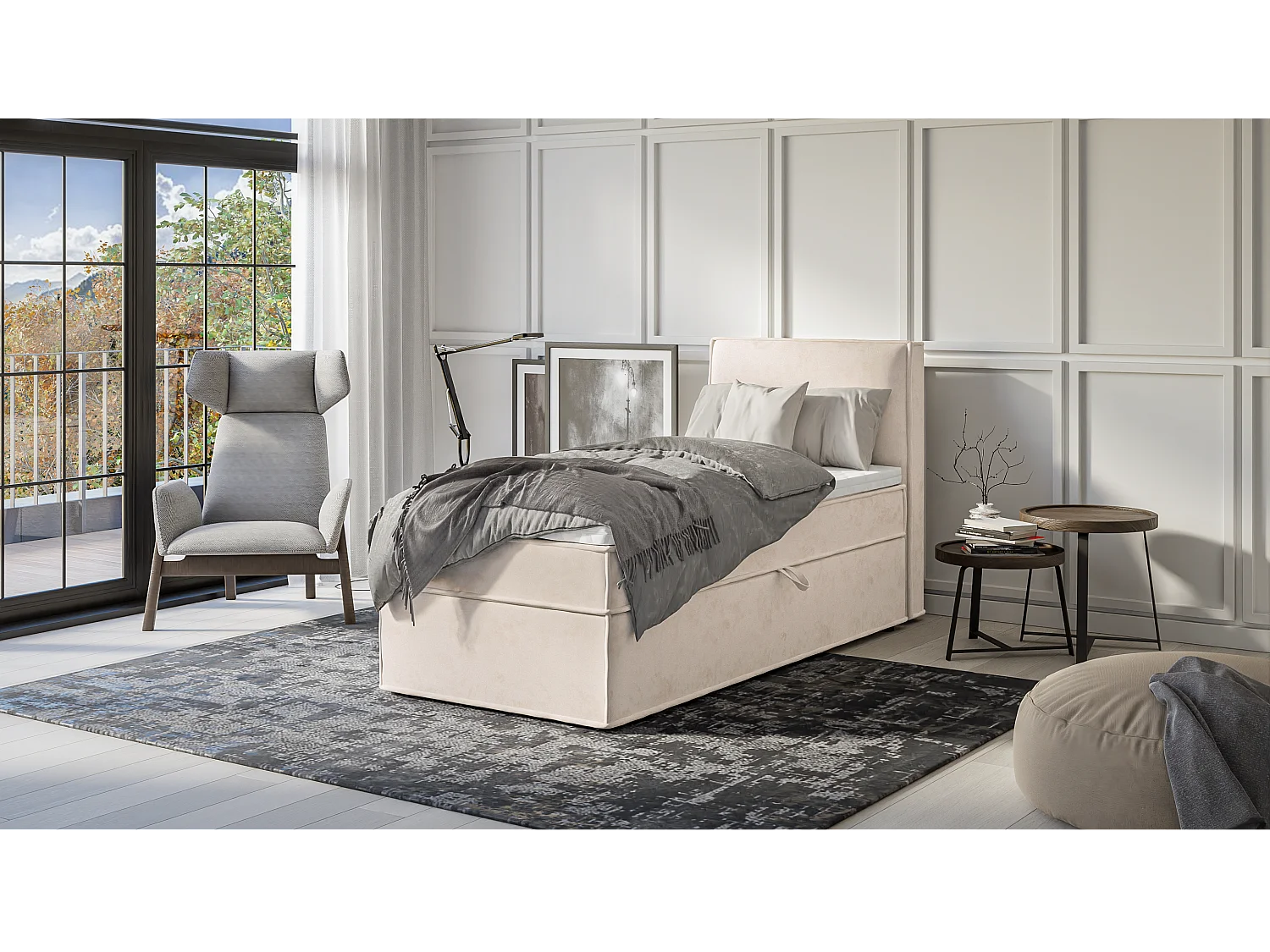 Dexter - Modernes Boxspringbett 90x200 mit Topper und Bettkästen aus Beige Luxusmicrofaser