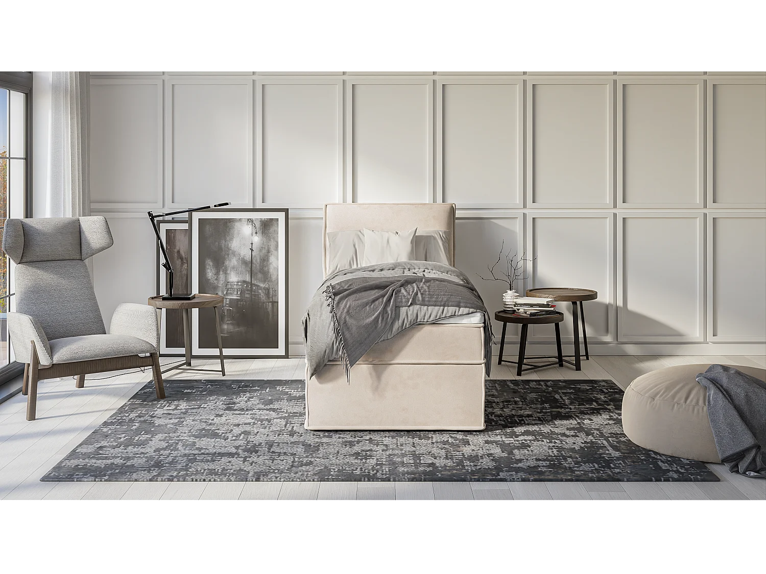 Dexter - Modernes Boxspringbett 90x200 mit Topper und Bettkästen aus Beige Luxusmicrofaser