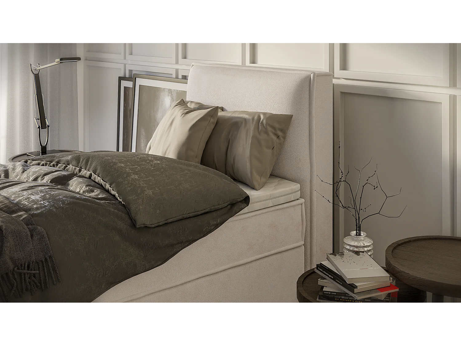 Dexter - Modernes Boxspringbett 90x200 mit Topper und Bettkästen aus Beige Luxusmicrofaser