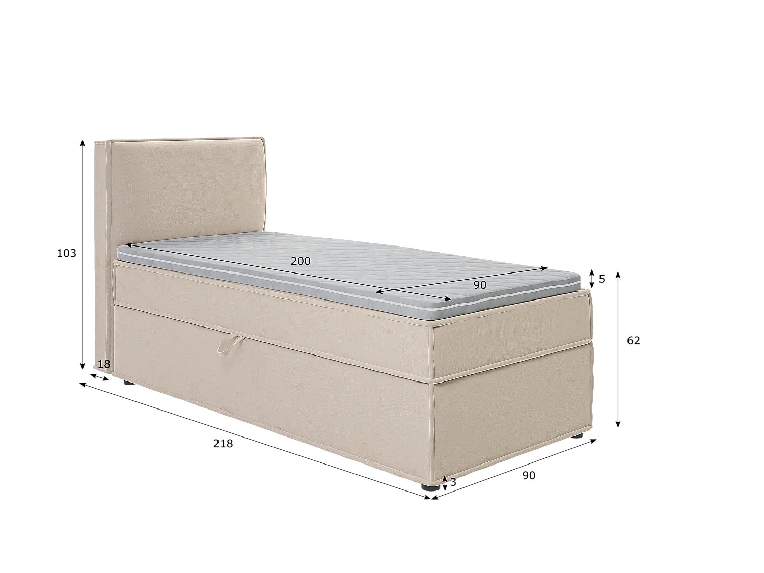 Dexter - Modernes Boxspringbett 90x200 mit Topper und Bettkästen aus Beige Luxusmicrofaser