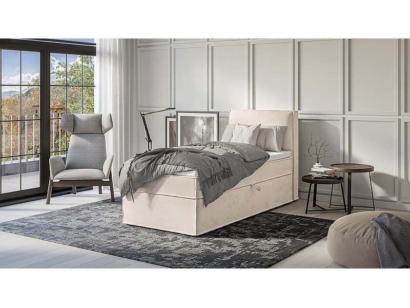 Dexter - Modernes Boxspringbett 90x200 mit Topper und Bettkästen aus Beige Luxusmicrofaser