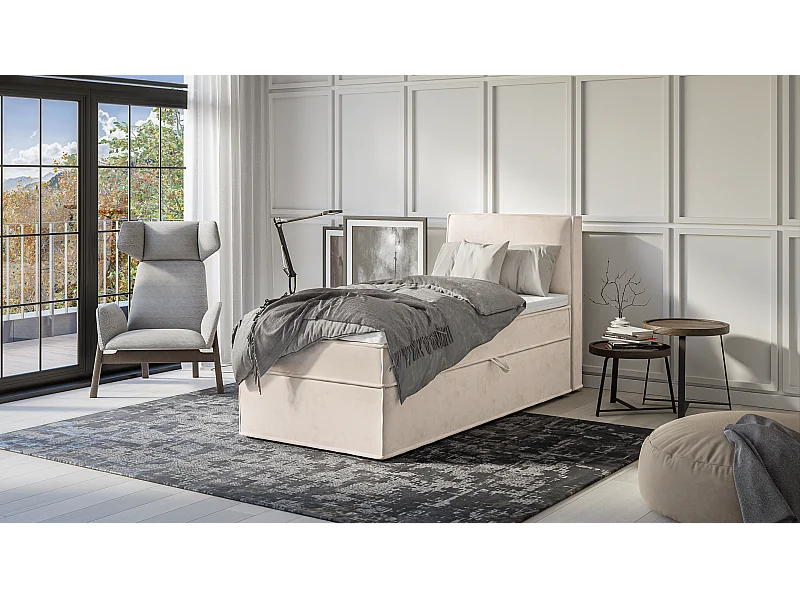 Dexter - Modernes Boxspringbett 90x200 mit Topper und Bettkästen aus Beige Luxusmicrofaser