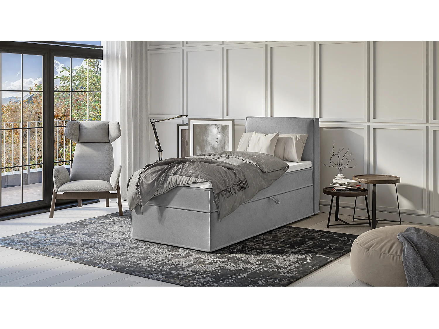 Dexter - Modernes Boxspringbett 90x200 mit Topper und Bettkästen aus Grau Luxusmicrofaser