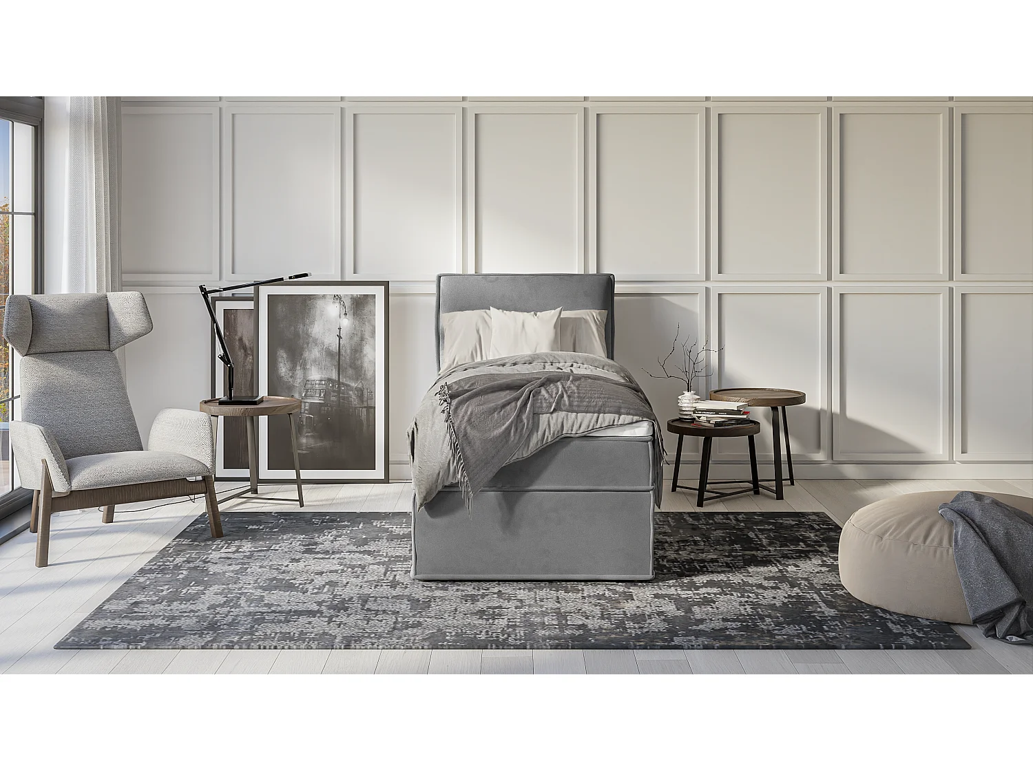 Dexter - Modernes Boxspringbett 90x200 mit Topper und Bettkästen aus Grau Luxusmicrofaser