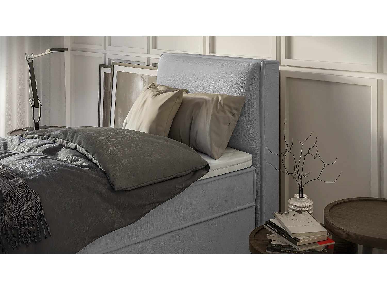 Dexter - Modernes Boxspringbett 90x200 mit Topper und Bettkästen aus Grau Luxusmicrofaser