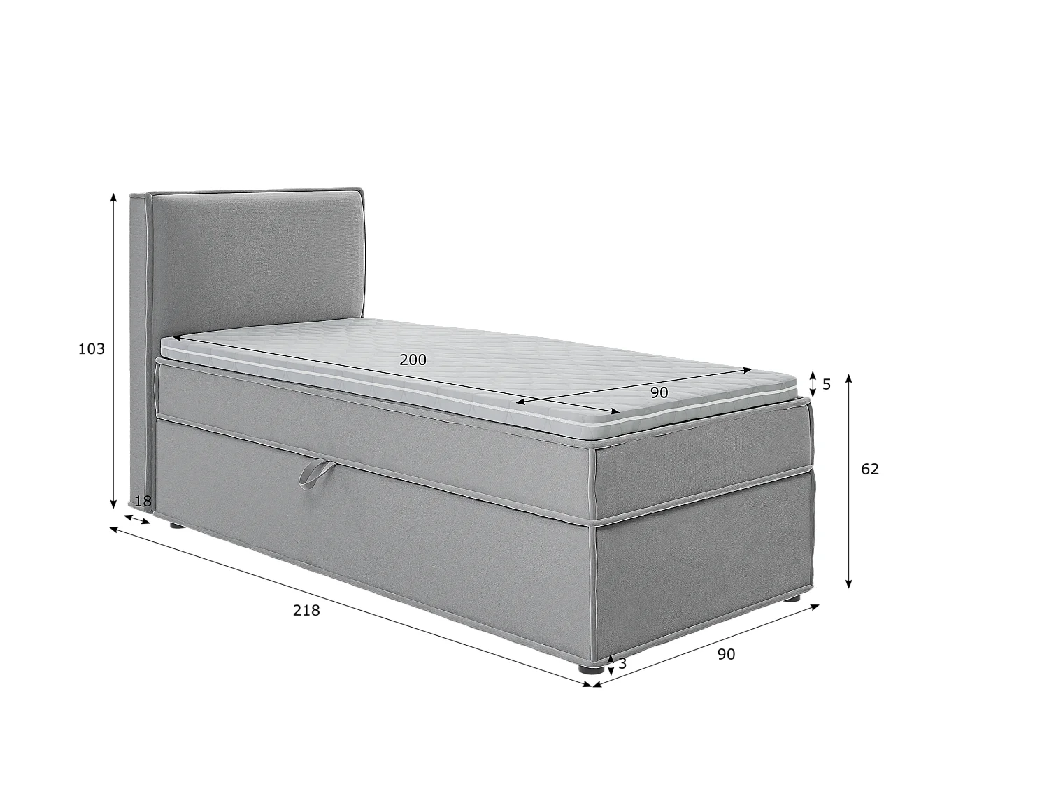 Dexter - Modernes Boxspringbett 90x200 mit Topper und Bettkästen aus Grau Luxusmicrofaser